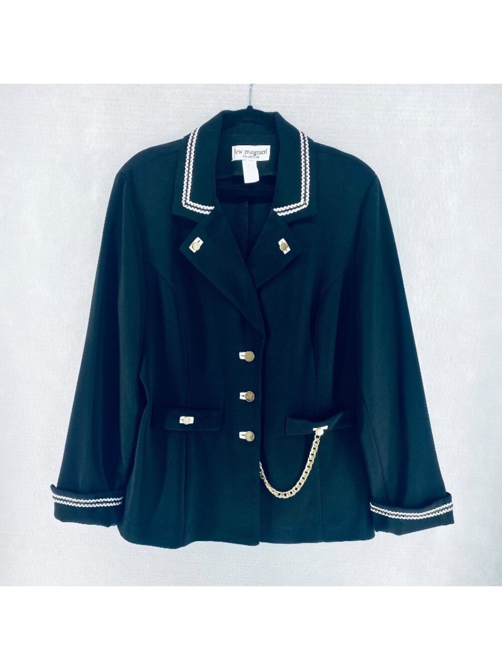 Lew Magram Jacket Womens 16 Black Stretch Gold Button Blazer Retro Chain Pocket